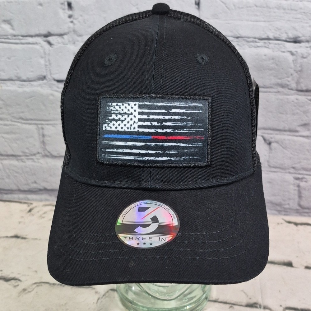 Three In US Flag Trucker Hat‎ Mens Black Mesh Snapback Cap New